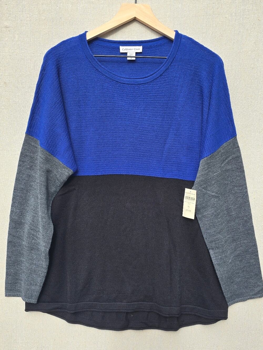 Coldwater Creek Merino Wool Blend Dolman Sleeve Sweater XL Blue Gray Black NWT